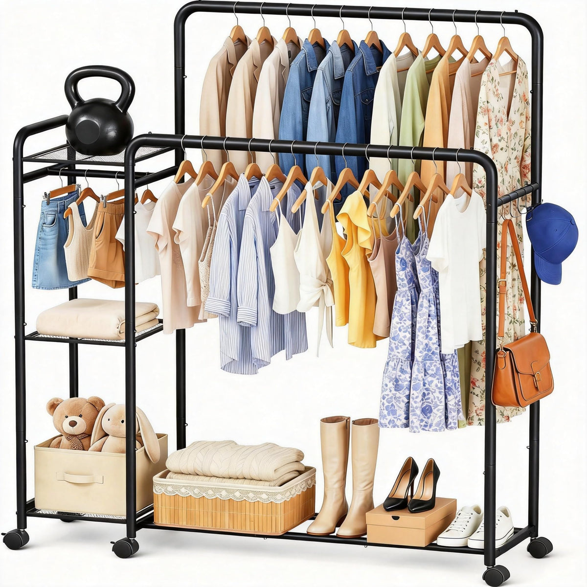 Heavy Duty Clothes Rack with Wheels, Double Rod Clothing Rack with Storage Shelves & Hooks, Rolling Garment Rack Portable Closet