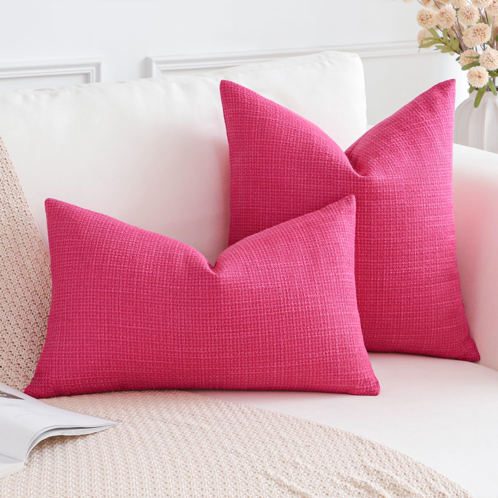Otostar Pack Of 2 Throw Pillow Covers 20X20 Inch Linen Hot Pink Pillowcases Farmhouse Decorative Solid Pillow Covers 50X50 Cm Sq