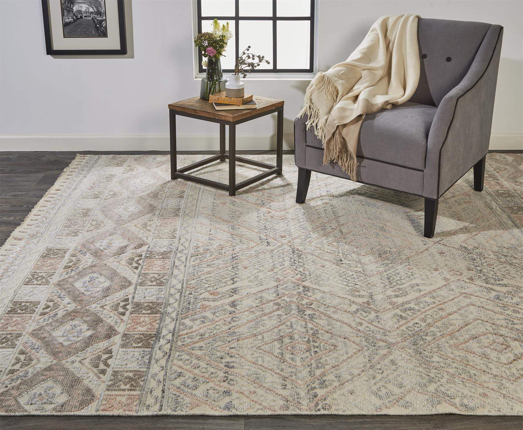 HomeRoots 512574 8 x 10 ft. Ivory Blue & Gray Geometric Hand Knotted Rectangle Area Rug