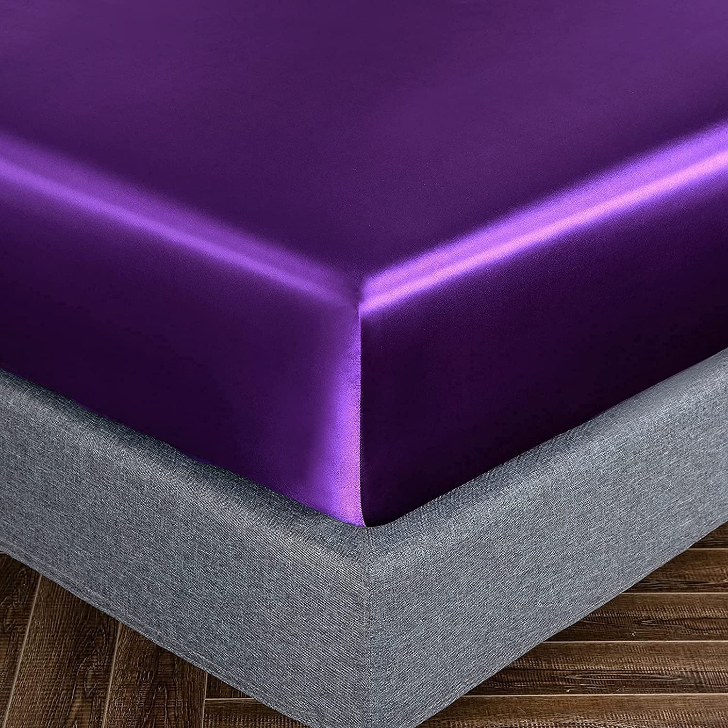 Homiest Purple Satin Fitted Sheet Twin Size Fitted Bed Sheet, Deep Pocket Fitted Sheet Only, Luxury & Ultra Soft Bedding Fitted Sheet Single Bottom Bed Sheets Sold Separately