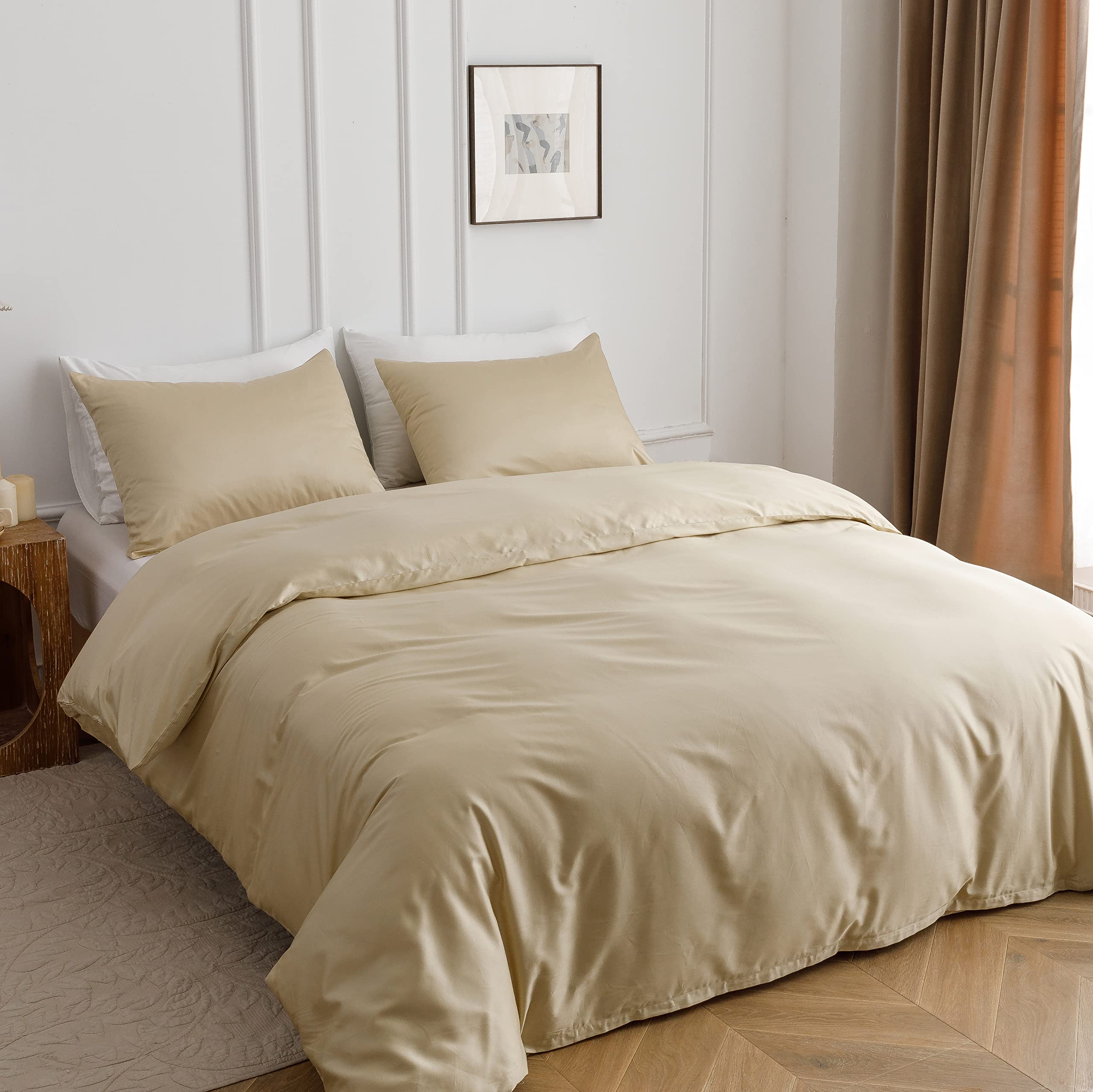 Heimenaogo Egyptian Cotton Duvet Cover Queen Size Sateen Weave, Silky Soft And Breathable Bedding Set With Zipper Closure, Long