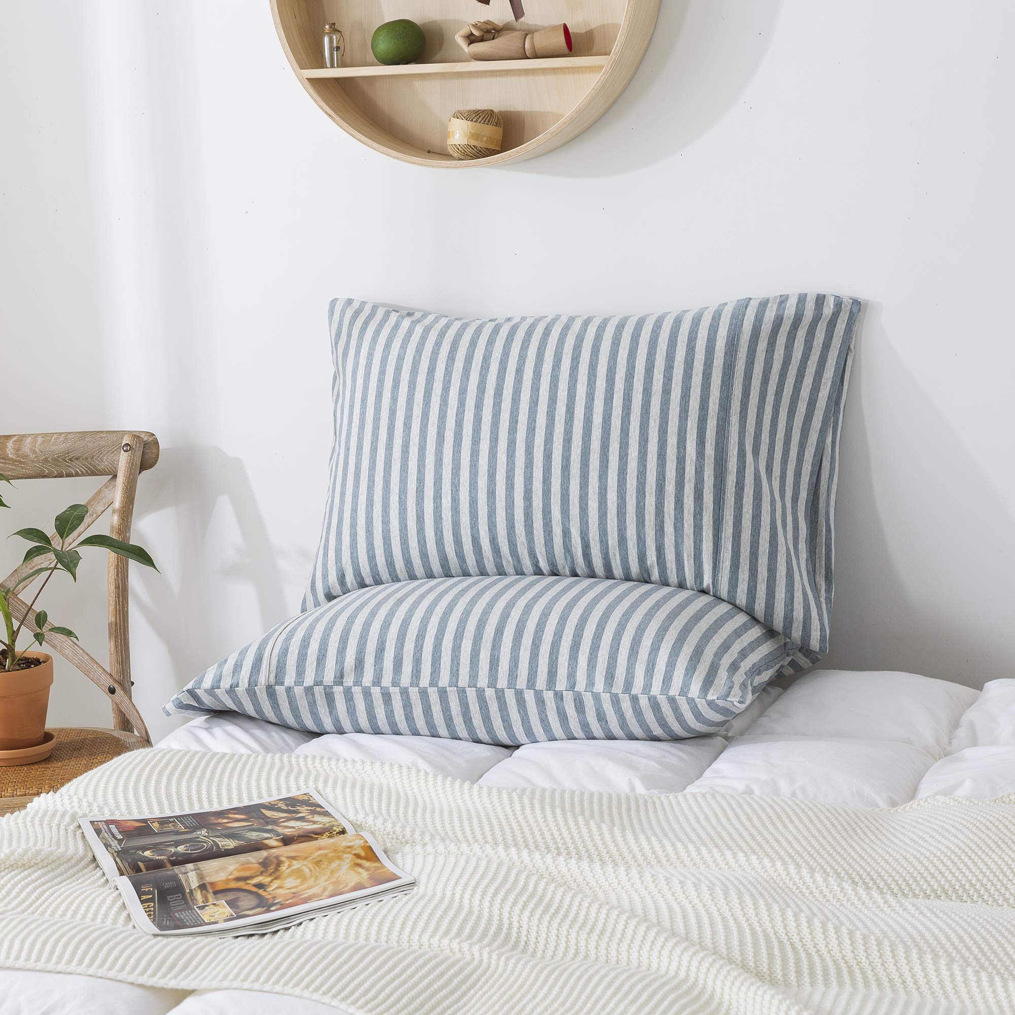 H Household Pillowcases, 100% Cotton Jersey Knit, Soft And Cozy, Wrinkle, Stain Resistant With Envelope Closure (Blue Stripe, Qu