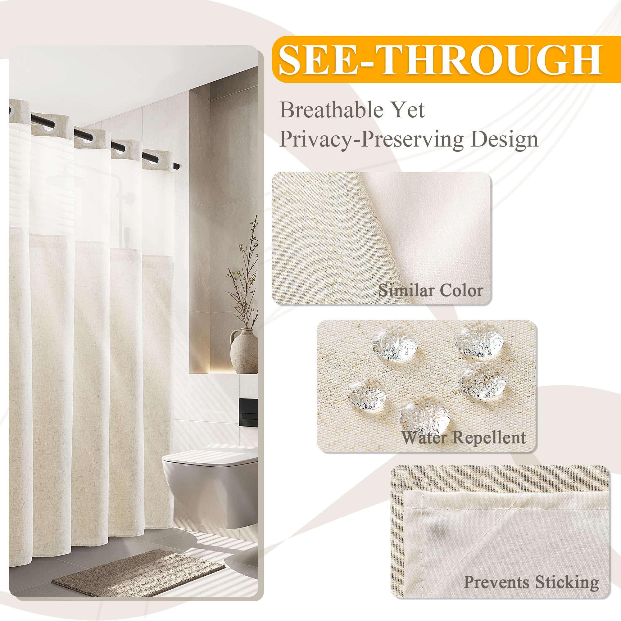 Jowels Linen No Hook Shower Curtain And Liner, Beige No Hooks Shower Curtain Set Top See Through Shower Curtain With Snap In Lin