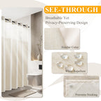 Jowels Linen No Hook Shower Curtain And Liner, Beige No Hooks Shower Curtain Set Top See Through Shower Curtain With Snap In Lin