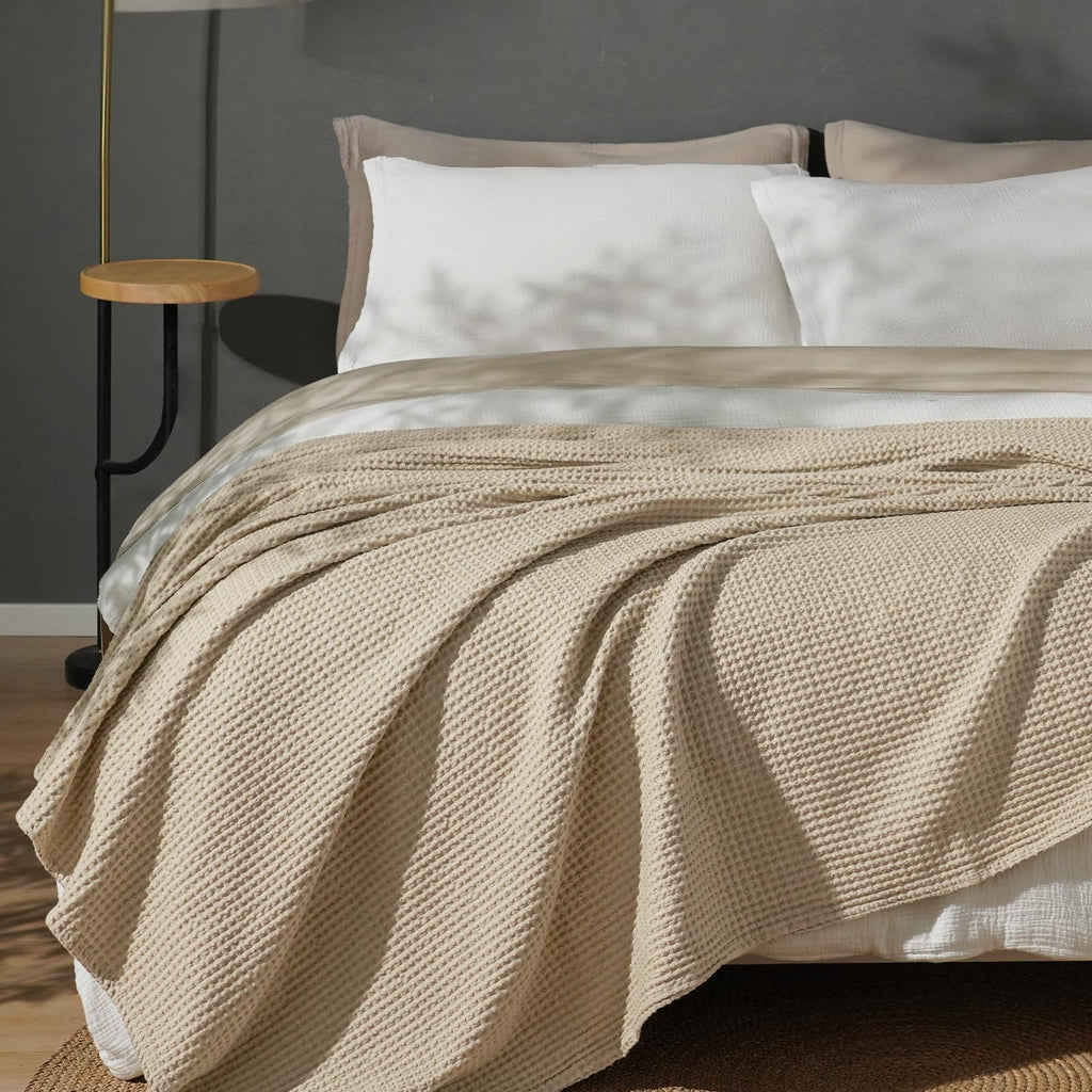Phf 100% Cotton Waffle Weave Blanket Queen Size 90'X 90' - Lightweight Cozy Washed Soft Breathable Throw Blanket - Great Blank