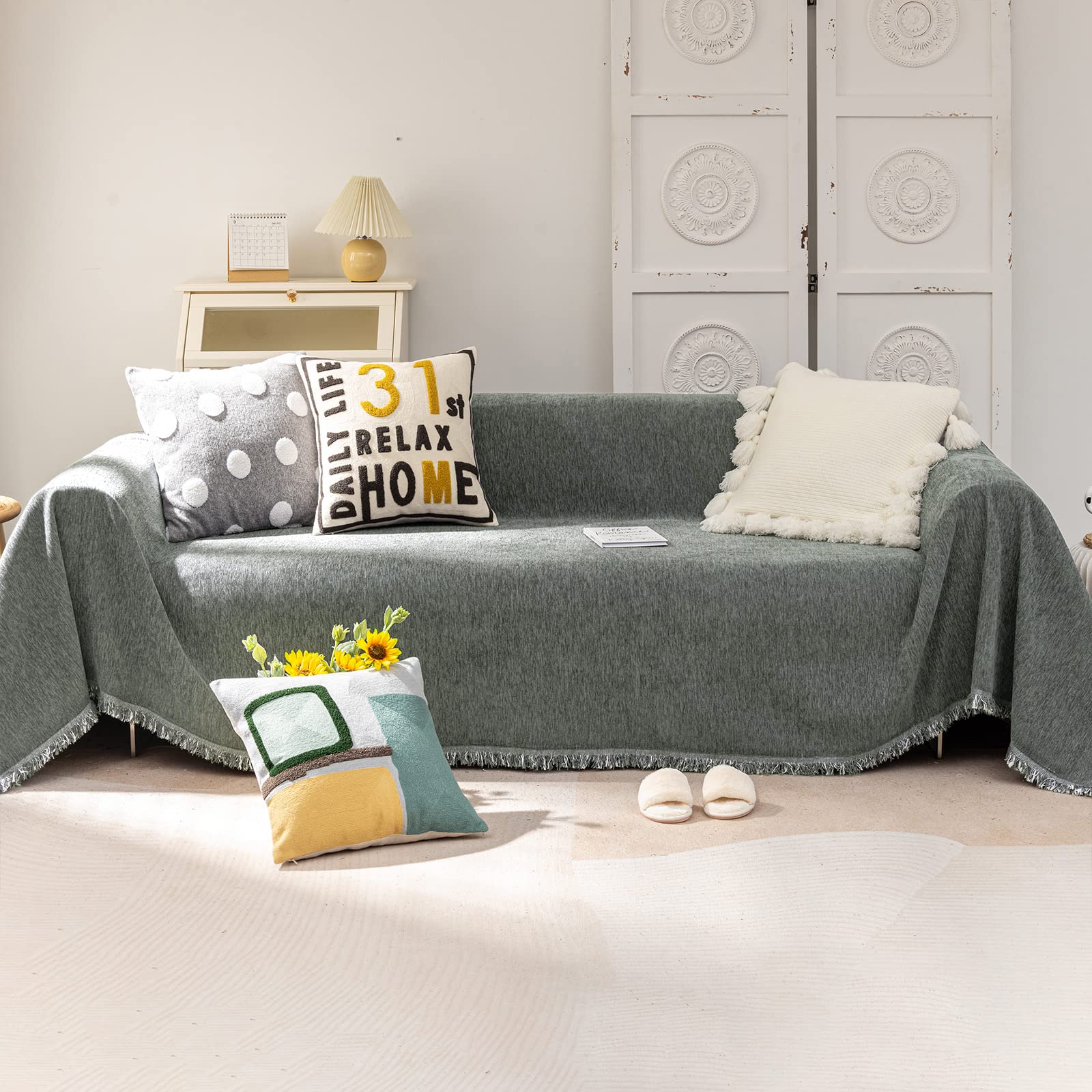 Vclife Dark Gray Chenille Couch Cover Non Slip Chenille Sofa Cover L Shape Sofa Protector Minimalism Dog Couch Covers For 3 Cush