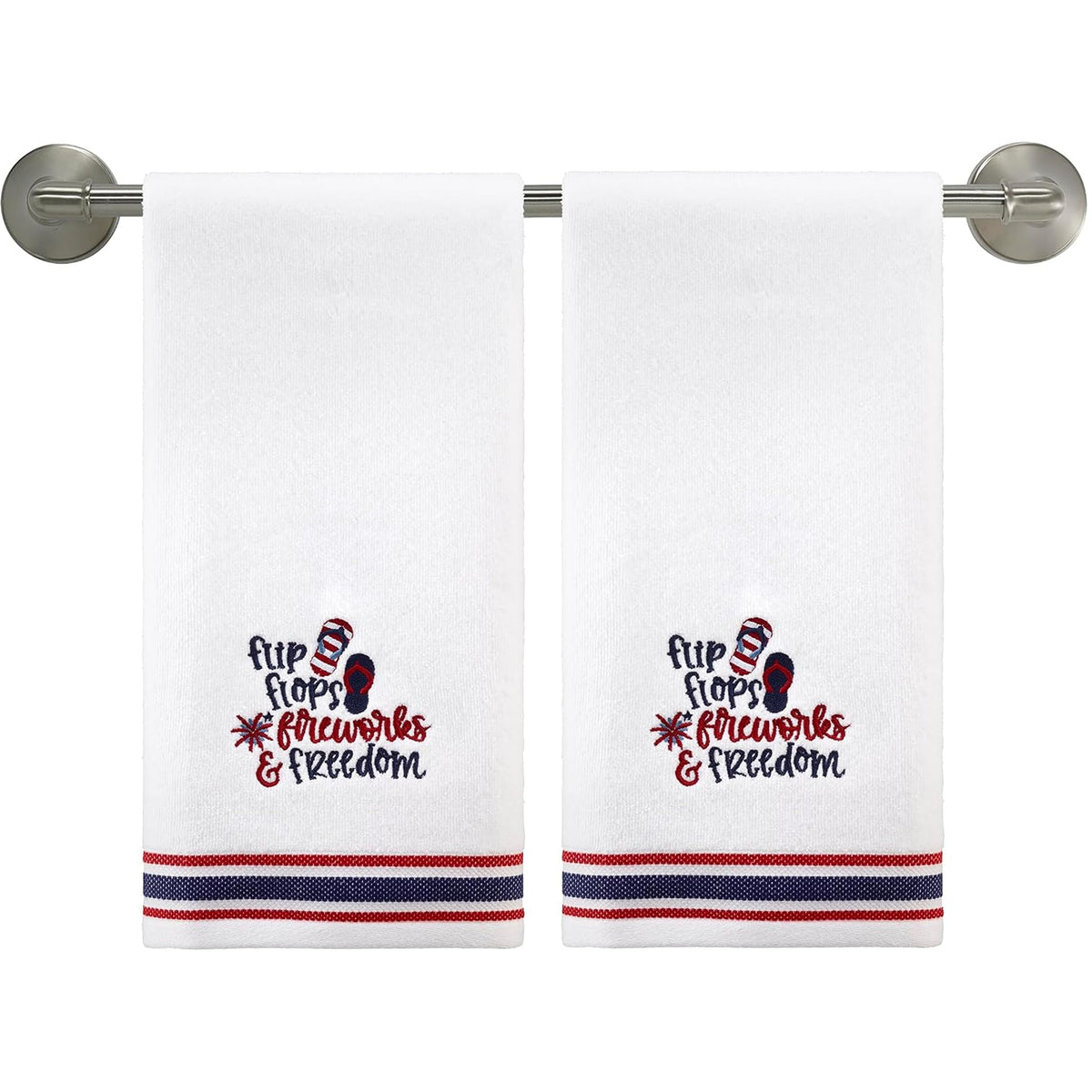 Avanti Linens  Hand Towels, Soft & Absorbent Ringspun Cotton with Patriotic Flip Flops & Fireworks Embroidery and Contrast Bord