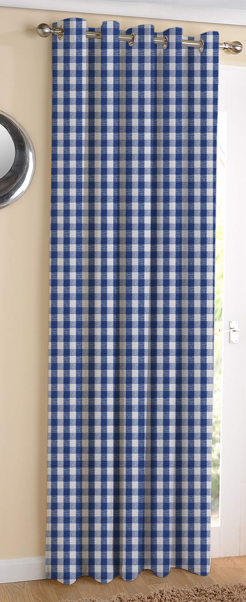 AIRWILL Cotton Gingham Check Blue Designed Blackout and Room Darkening Door Checks Curtains (7ft, Blue)