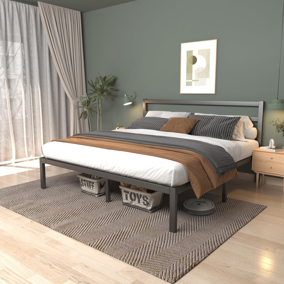 LoVinson King Size Metal Platform Bed Frame with Metal Slats, Classic Style Headboard and Footboard/Under Bed Storage/Mattress F