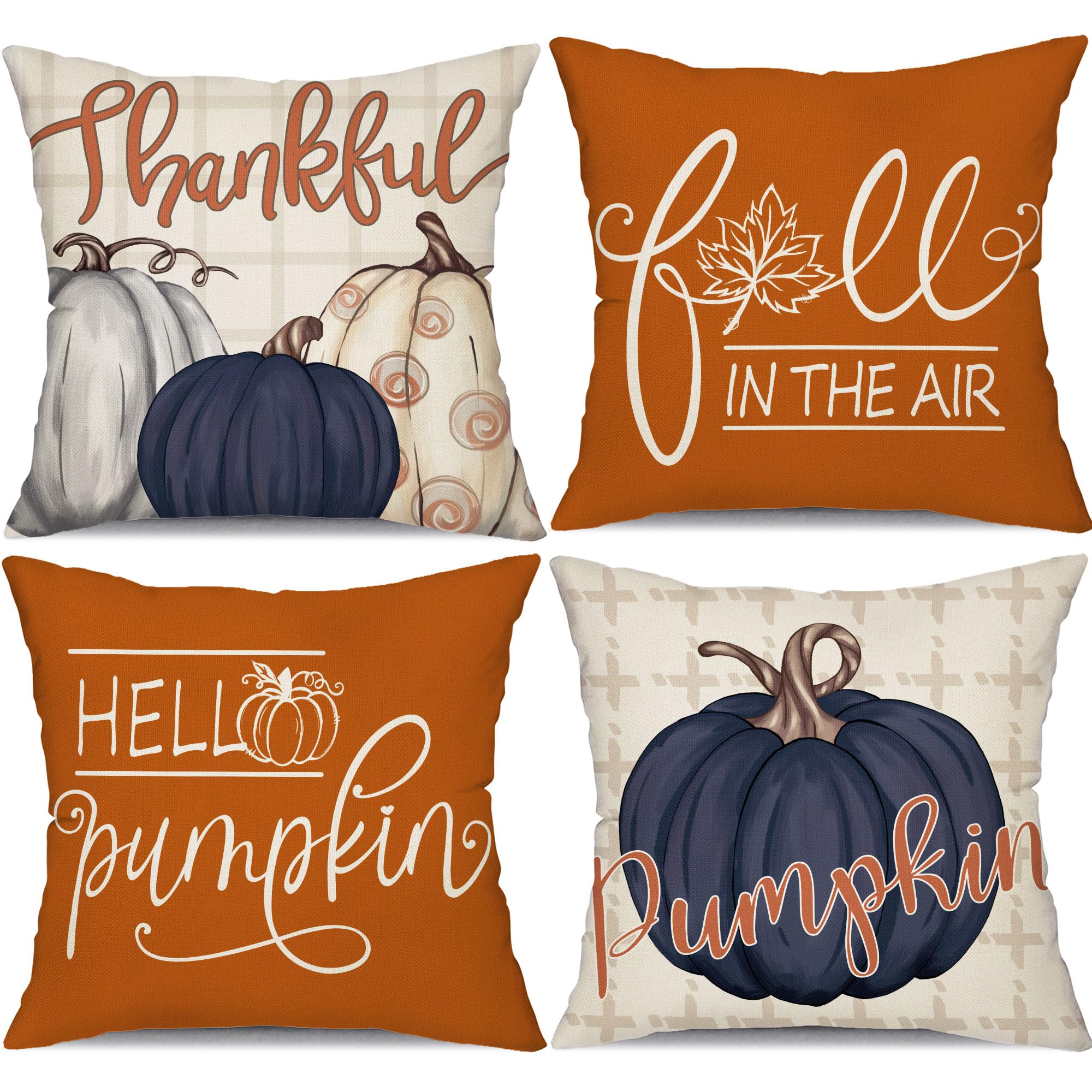 DFXSZ Fall Pillow Covers 16x16 inch Set of 4 Buffalo Plaid Fall Blue Pumpkin Throw Pillow Cover Autumn Thanksgiving Decoration f