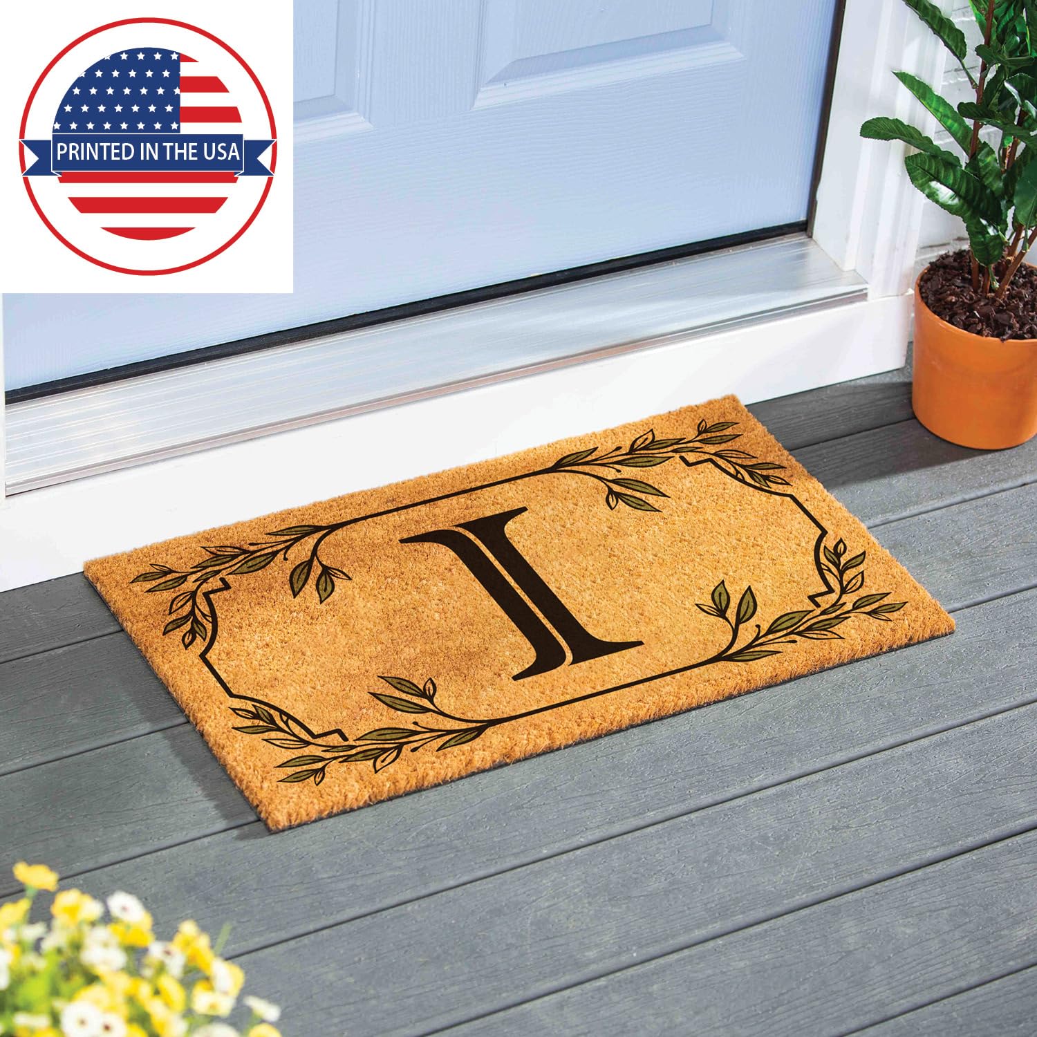 Evergreen Monogram Coir Doormat | Letter I | Front Door Mat For Outdoor Indoor Entrance | 28X16 Inches | Non-Slip Backing Doorwa