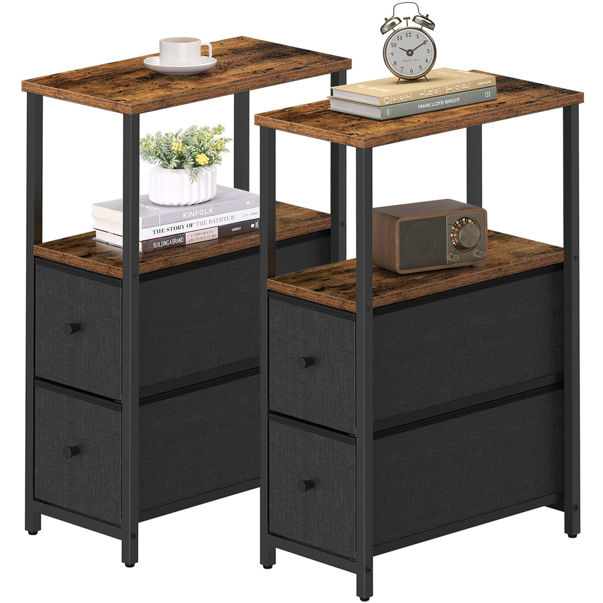 Tutotak Small Narrow End Table, Set Of 2, Side Table, Nightstand With 2 Cloth Drawers, Couch Table, For Living Room, Bedroom, Bedside, Brown And Black Tb01Bb054K
