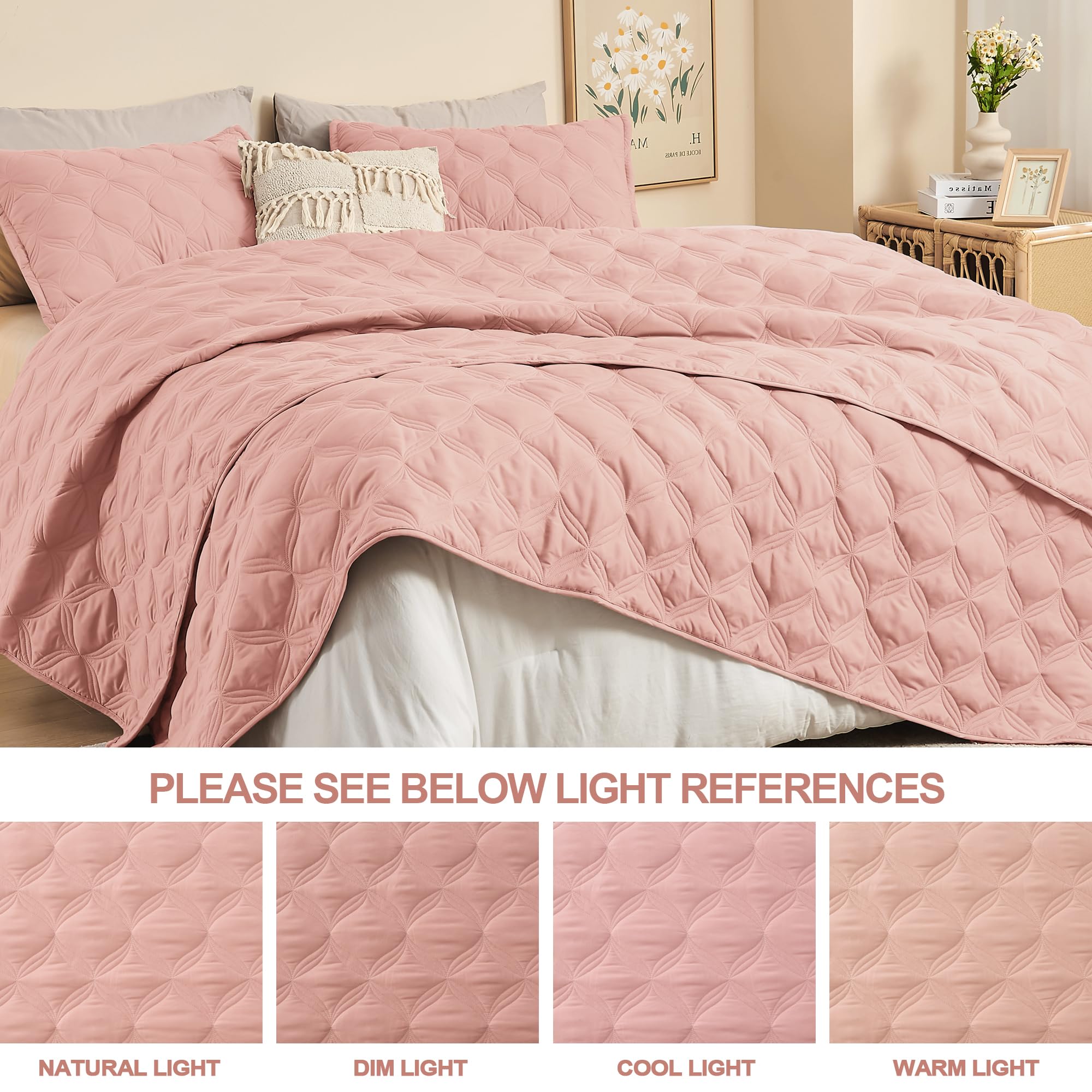 Litanika Queen Quilt Bedding Set, Blush Pink Summer Lightweight Soft Comforter Bedspreads & Coverlets, Boho Farmhouse Bedding Co
