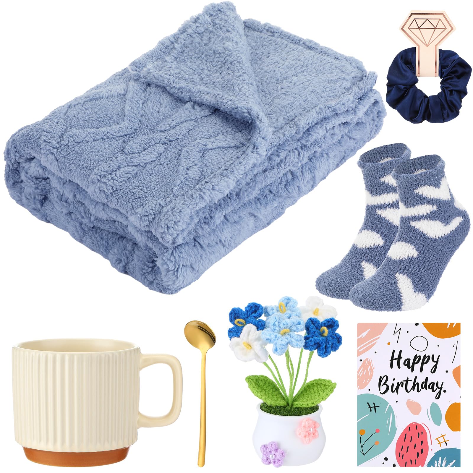 Suncalla 7 Pcs Winter Birthday Gifts for Women, Self Care Party Gifts Throw Blanket Socks Mug Set, Gift for Mom Teacher Nurse(Bl