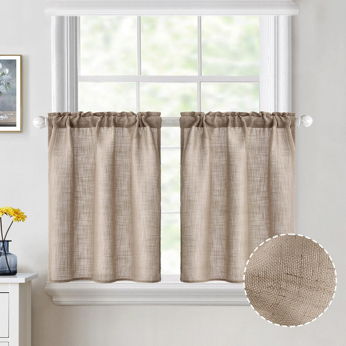 Miulee Cafe Curtains 24 Inch Length Half Window Curtain Farmhouse Short Linen Semi Sheer Curtains For Kitchen Bathroom Basement