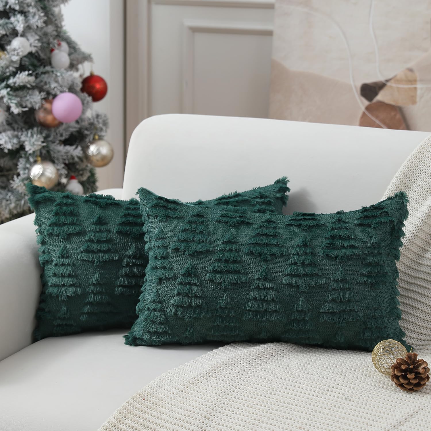 Allorry Christmas Pillow Covers 12 X 20 Set Of 2 Dark Green Christmas Tree Pillow Cases Plush Faux Fur Soft Cushion Case For Win