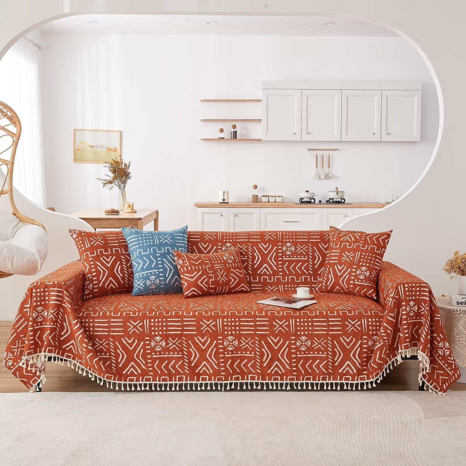 Vclife Boho Sofa Cover Soft Breathable Pumpkin White Geometry Jacquard Couch Cover For 3 Cushion Couch Sofa 1 Pc Non-Pilling Wea