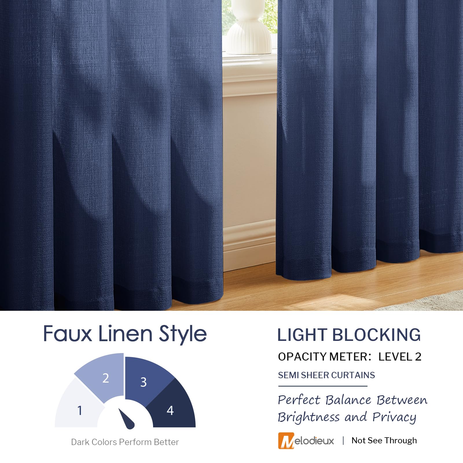 Melodieux Navy Semi Sheer Curtains 72 Inches Long For Bedroom, Living Room Linen Look Privacy Window Rod Pocket Sheer Drapes, 52