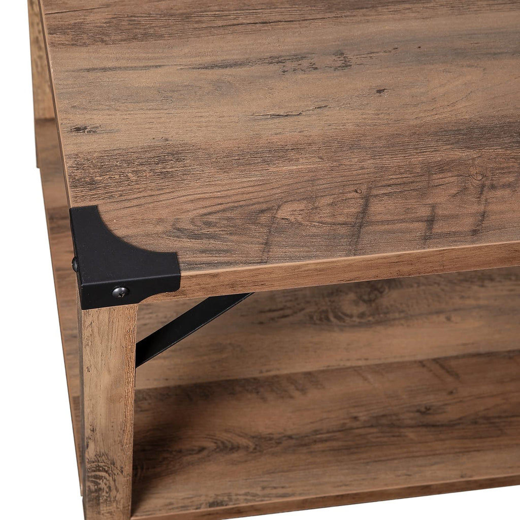 Flash Furniture Wyatt Modern Farmhouse 2 Tier Coffee Table - Rustic Oak Engineered Wood Frame - Black Metal Crisscross Side Braces and Corner Accents