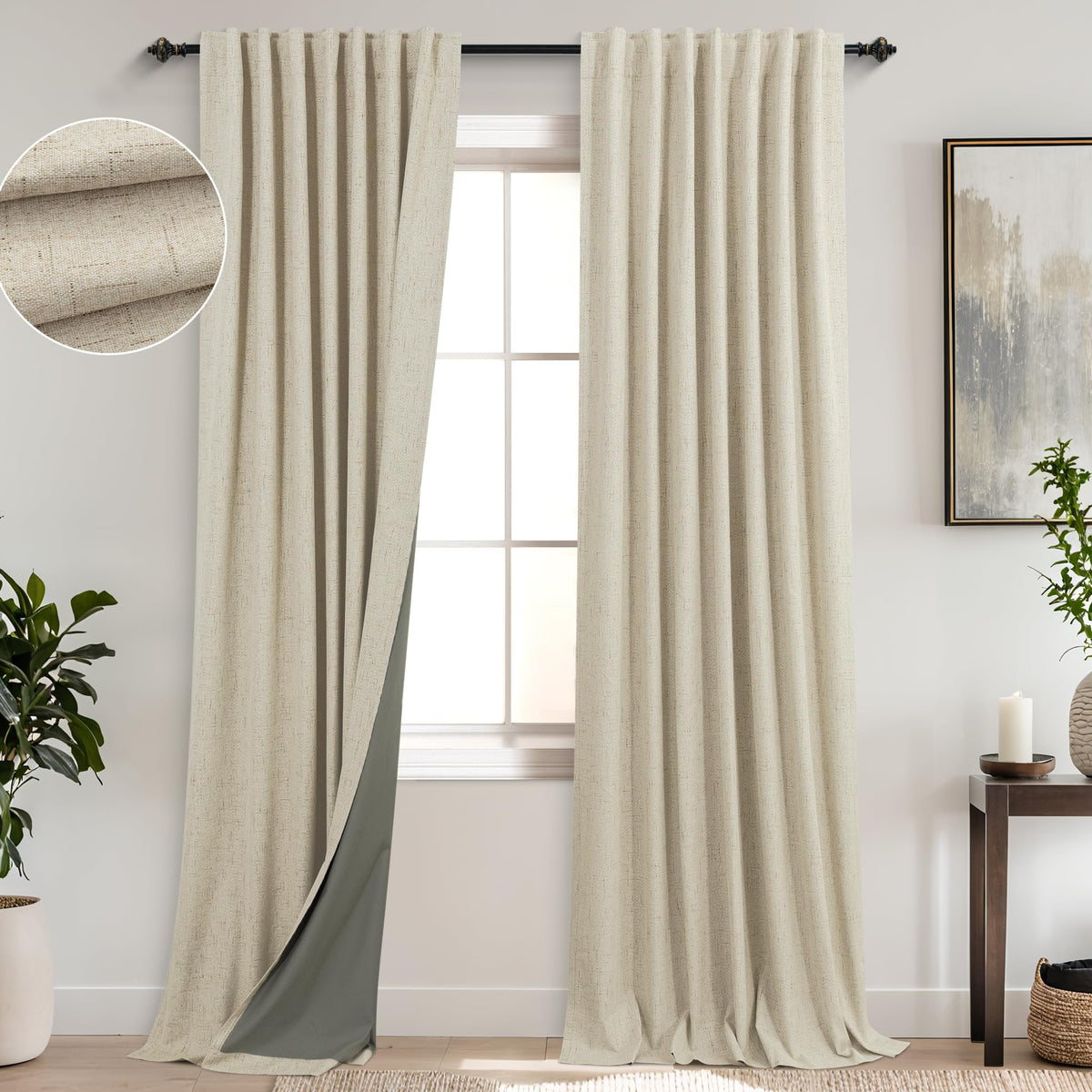 Koufall Light Tan Back Tab Linen Blackout Curtains For Living Room 52X105 Inch Length