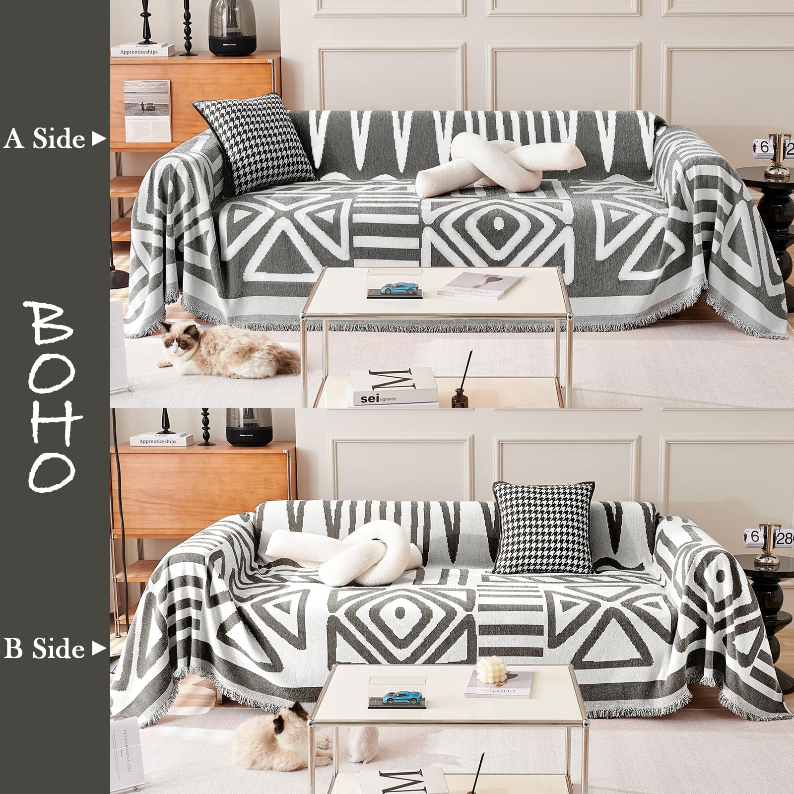 Handontime Reversible Sofa Cover Boho Geometric Couch Cover For Dogs Dark Grey Couches Covers Washable Chenille Couch Covers For 3 Cushion Couch Pet Friendly Furniture Protector For Pets, 71' X150'