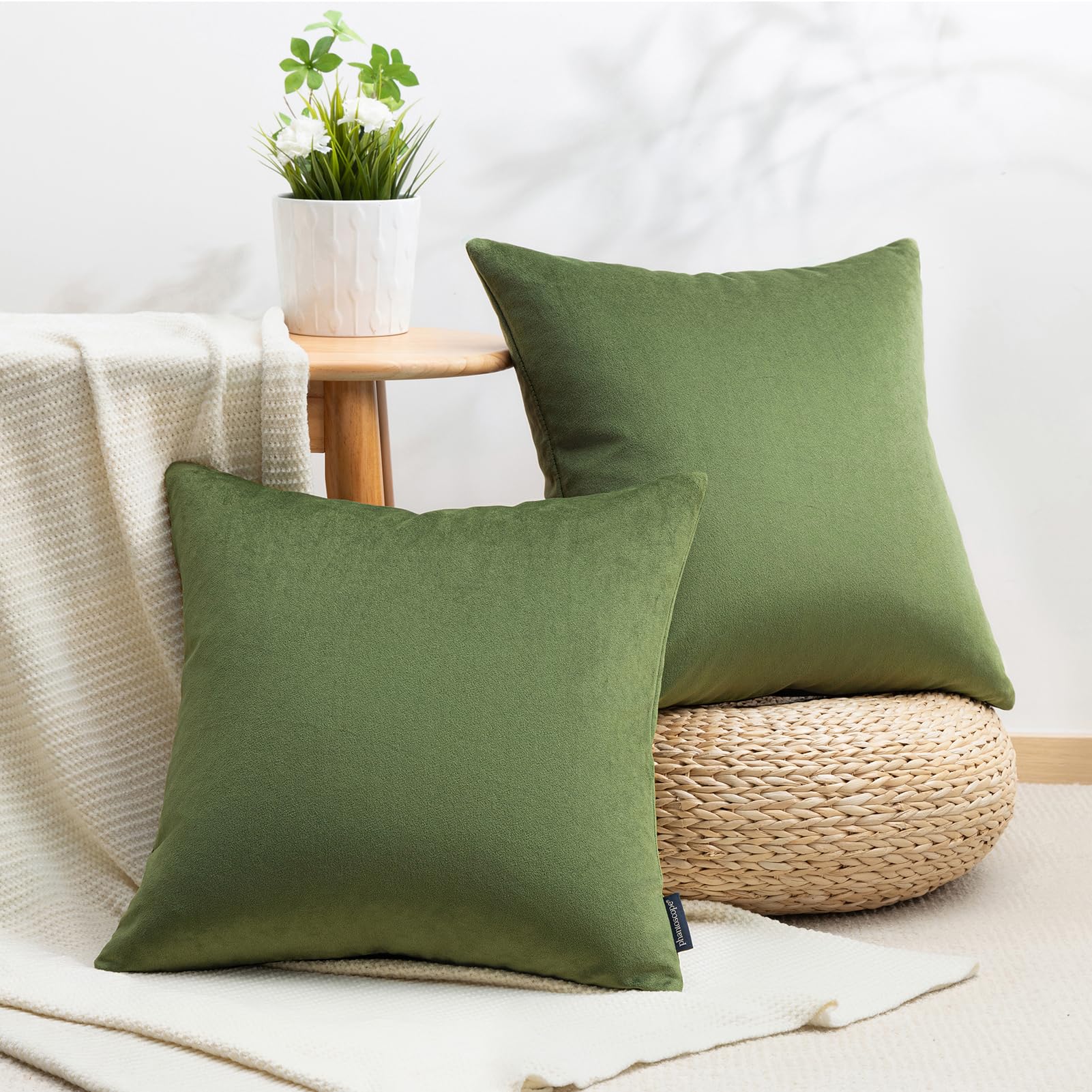 Phantoscope Pack Of 2 Velvet Decorative Throw Decorative Pillow Cover Soft Solid Square Cushion Case For Couch Olive Green 20 X