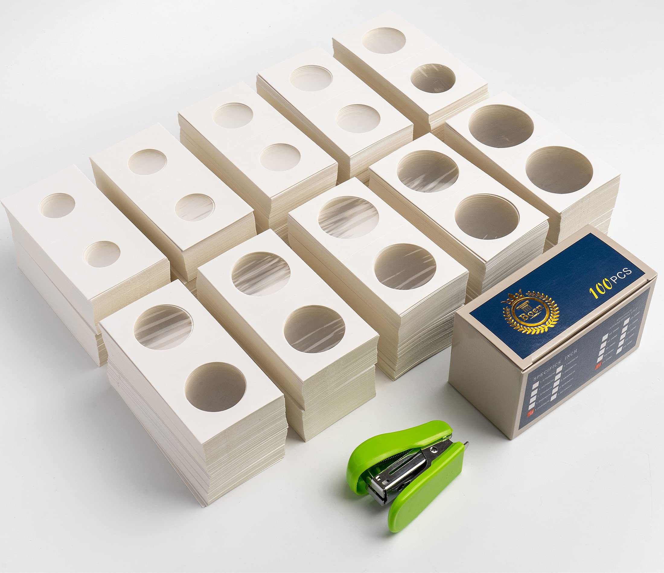 Boen Coin Flips 1000 Pcs - Assorted Sizes Coin Holders with Mini Stapler for Collectors - Cardboard Coin Collection Supplies