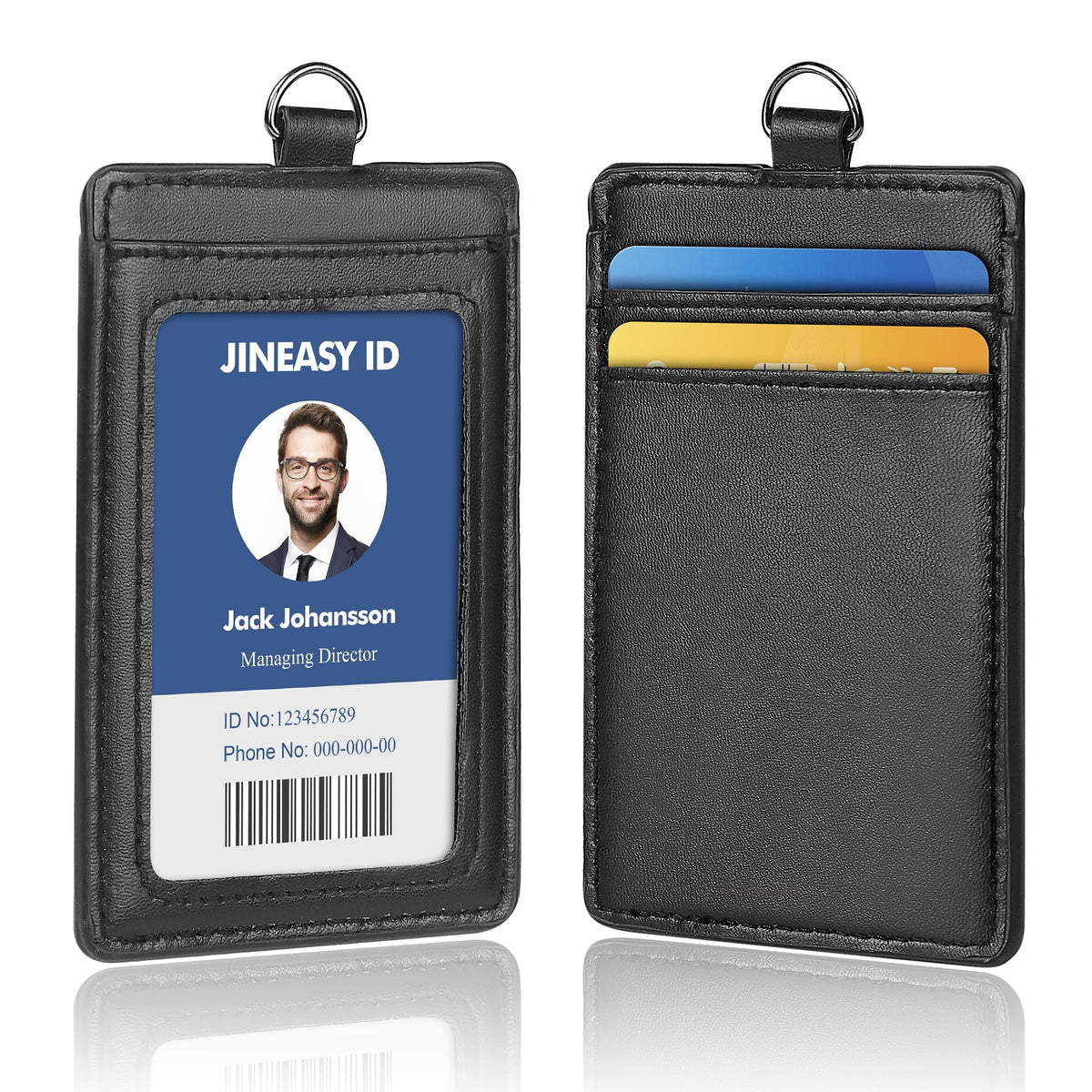 Jineasy Id Leather Id Badge Holder Vertical Lanyard Id Card Holder Black Badge Protector Case For Work Office Name Badges Keycar