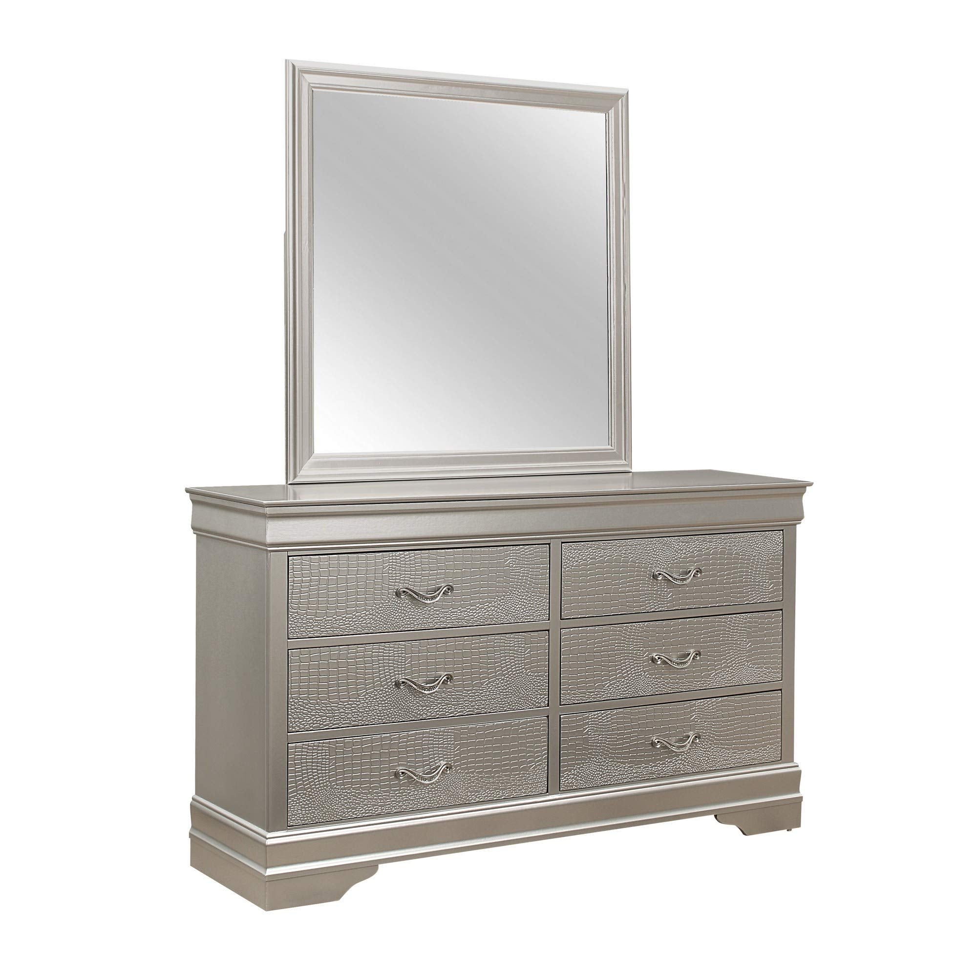 HomeRoots Rubberwood Silver Tone Dresser with 6 Spacious Interior Drawers