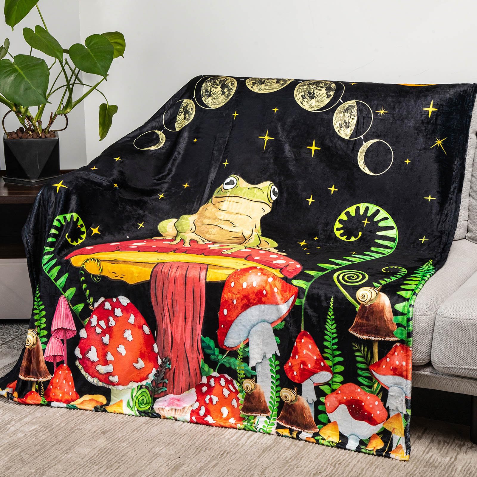 Smilelife Frog Blanket Mushroom Throw Blanket Night Darkness Moon Star Flannel Plush Blanket For Bed Couch Sofa Chair 60' X 50