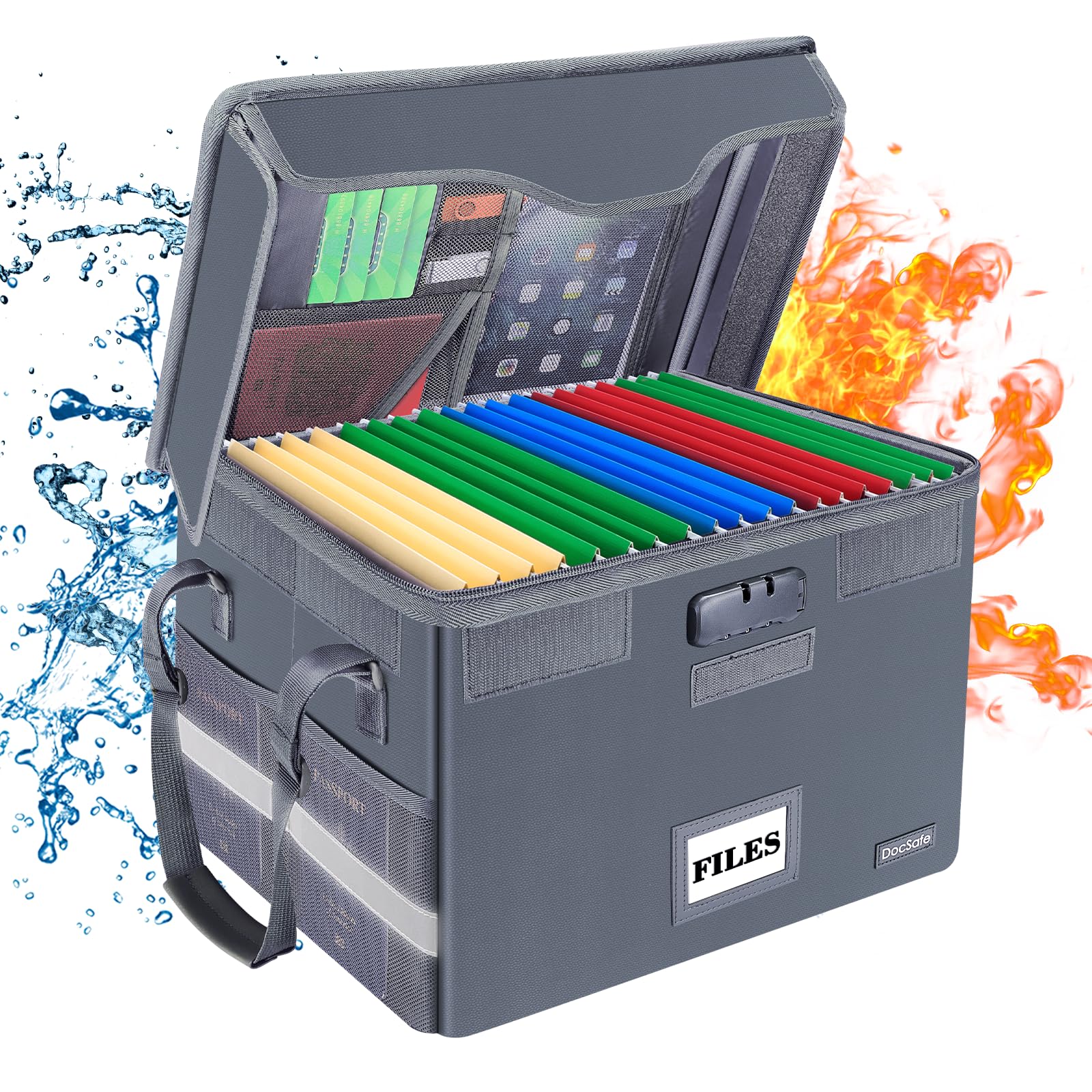 Docsafe File Box Fireproof Document Box With Lock, File Storage Organizer Box With Pockets,Collapsible Portable File Box Home Of