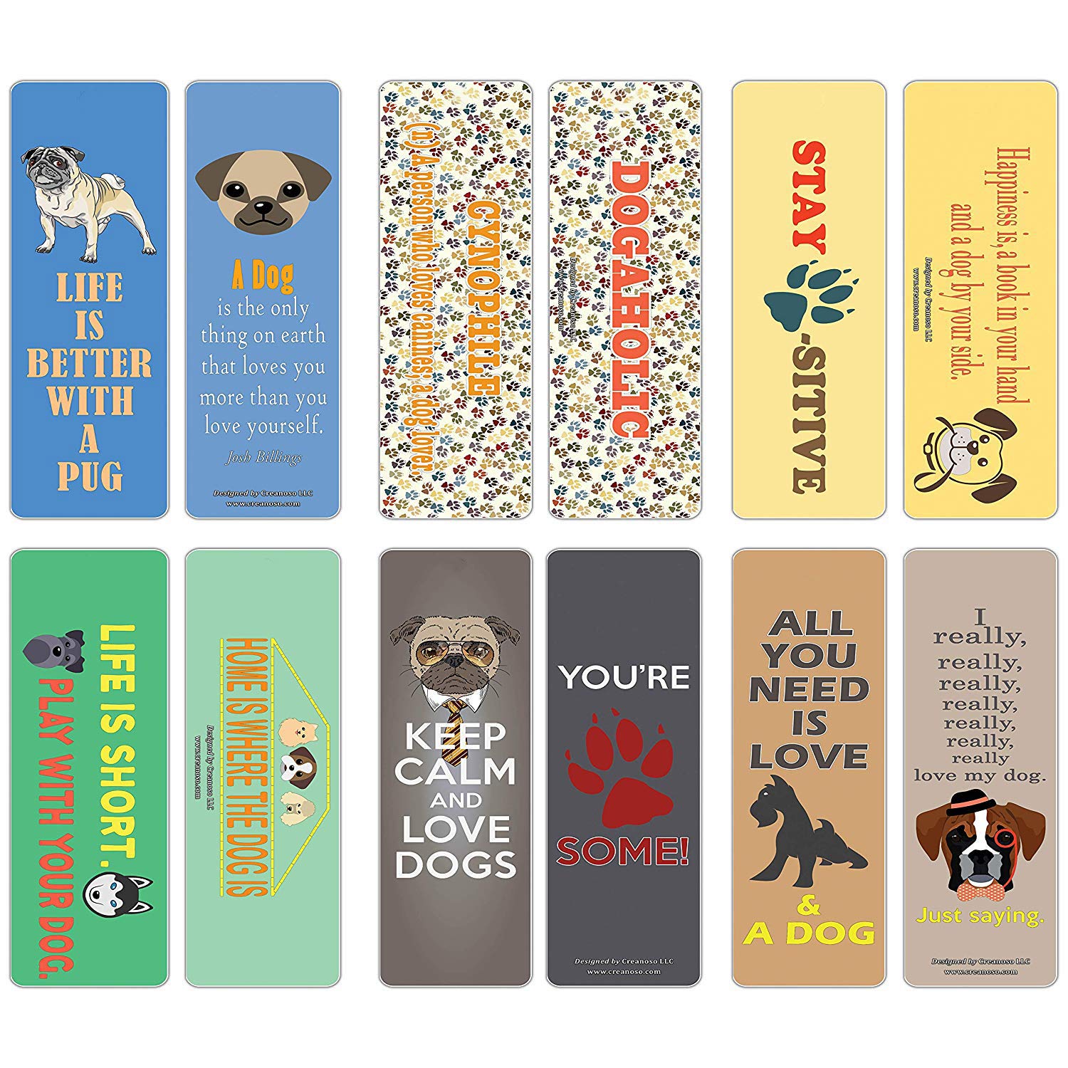 Creanoso Dog Themed Bookmark Cards (12-Pack) - Premium Quality Set - Inspiring Dog Sayings For Men, Women, Adults, Dog Lovers, D