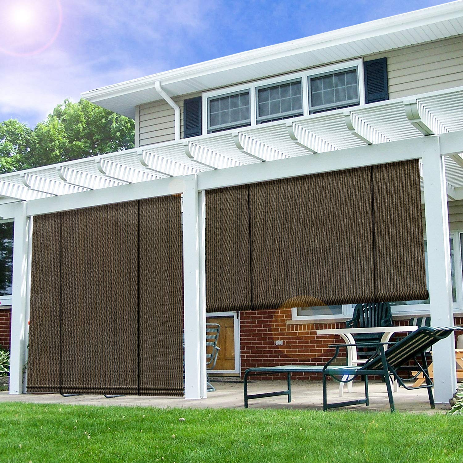 E&K Sunrise 7'W X 7.5'H Roll Up Shade Outdoor Roller Shade Blind Sun Shade Uv Block For Patio Porch Backyard Gazebo Deck Pergola