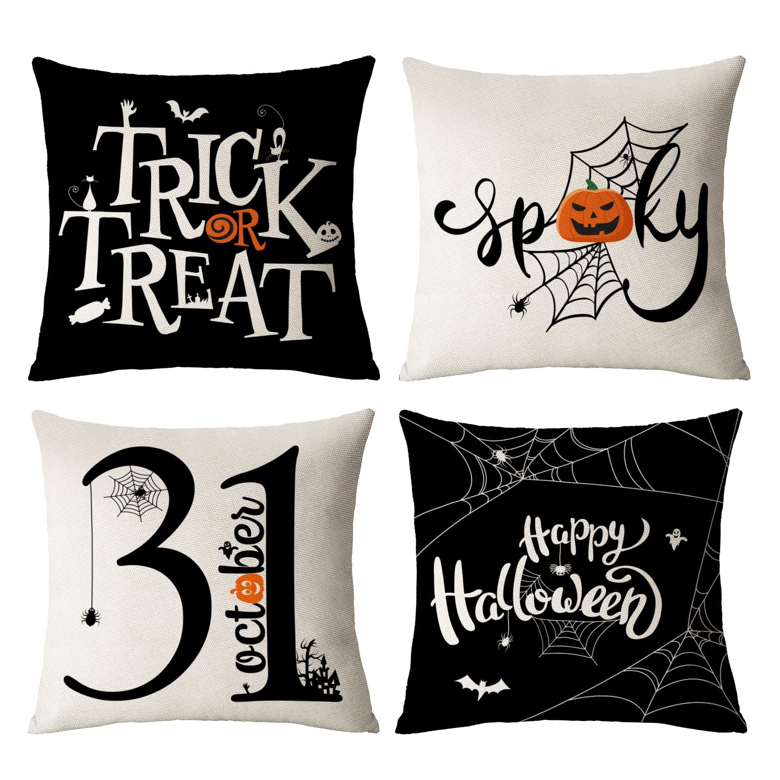 Halloween Pillow Covers 20X20 Set Of 4 Trick Or Treat Decorative Throw Pillows Cover Black Spider Webs Pillow Cases Home Outdoor