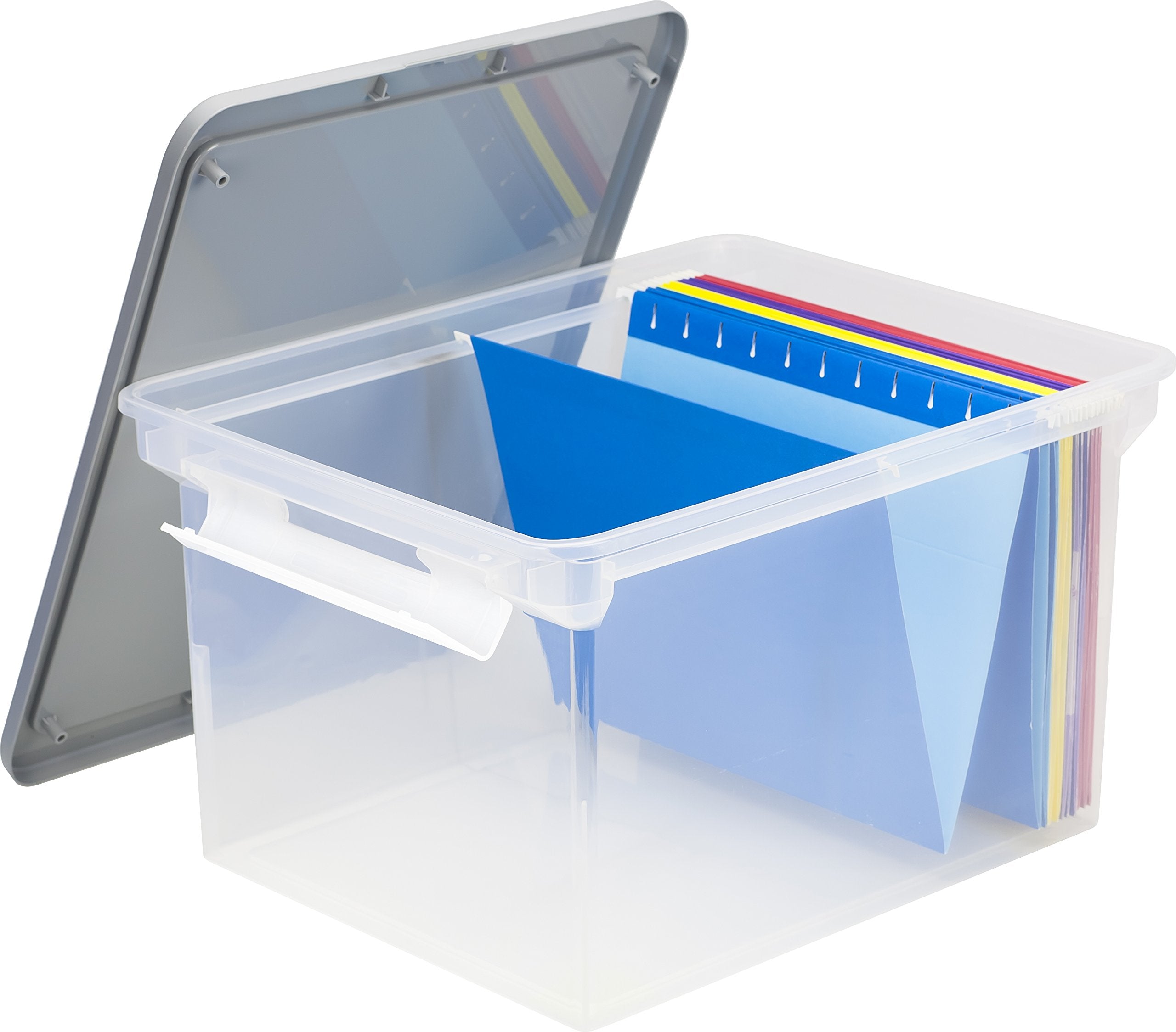 Storex Portable File Tote With Locking Handles, Letter/Legal Files, 18.5' X 14.25' X 10.88', Clear/Silver