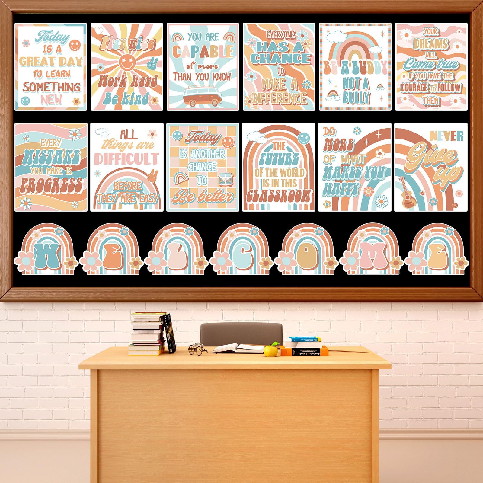 Zoiiwa 19 Pcs Retro Welcome Classroom Posters Retro Groovy Bulletin Board Decoration Retro Groovy Inspirational Quotes Posters B