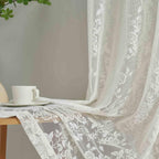 Finecity Extra Long Sheer Lace Curtains 120 Inches Long, Vintage Rustic Leaf Floral Knitted Lace Curtains For Living Room, Rod P