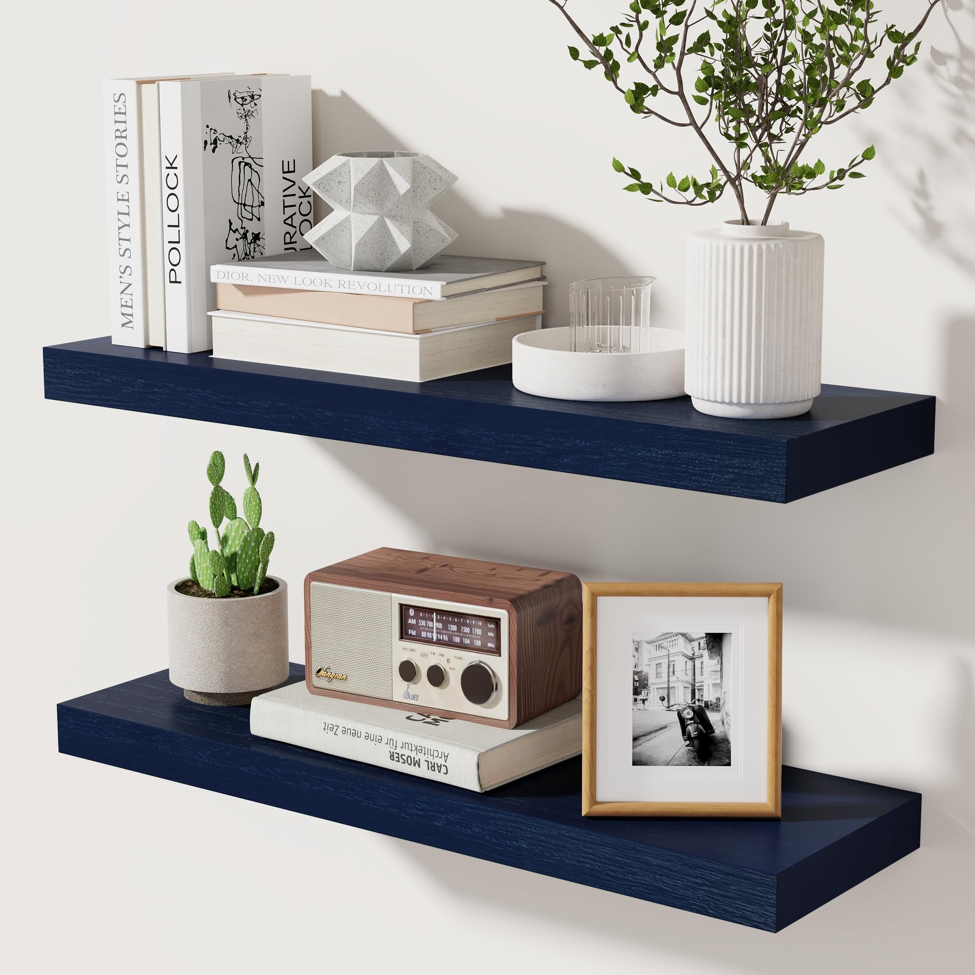 Dark Blue Floating Shelves 24 Inch, Solid Wooden Wall Shelves Set Of 2, Rustic Floating Wall Shelves For Decor & Storage For Living Room Bedroom Bathroom
