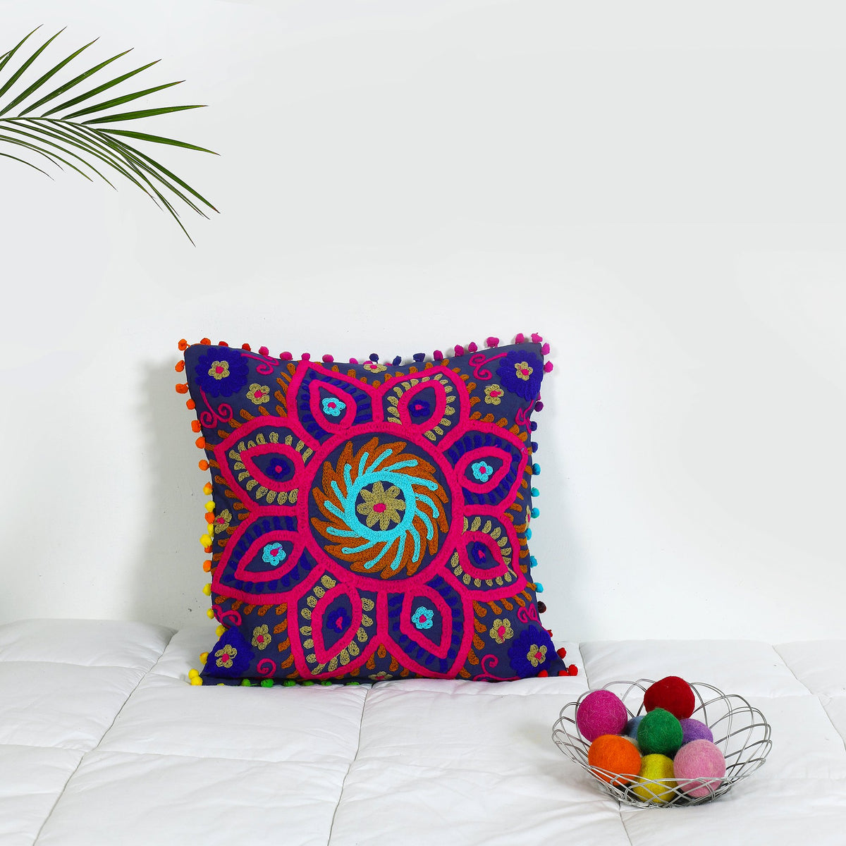 Blue Floral Suzani Embroidered Cushion Cover Cotton Sofa Decorative Cushion Pillow Cover Cushion Case 16 X 16 Inch By Handicra