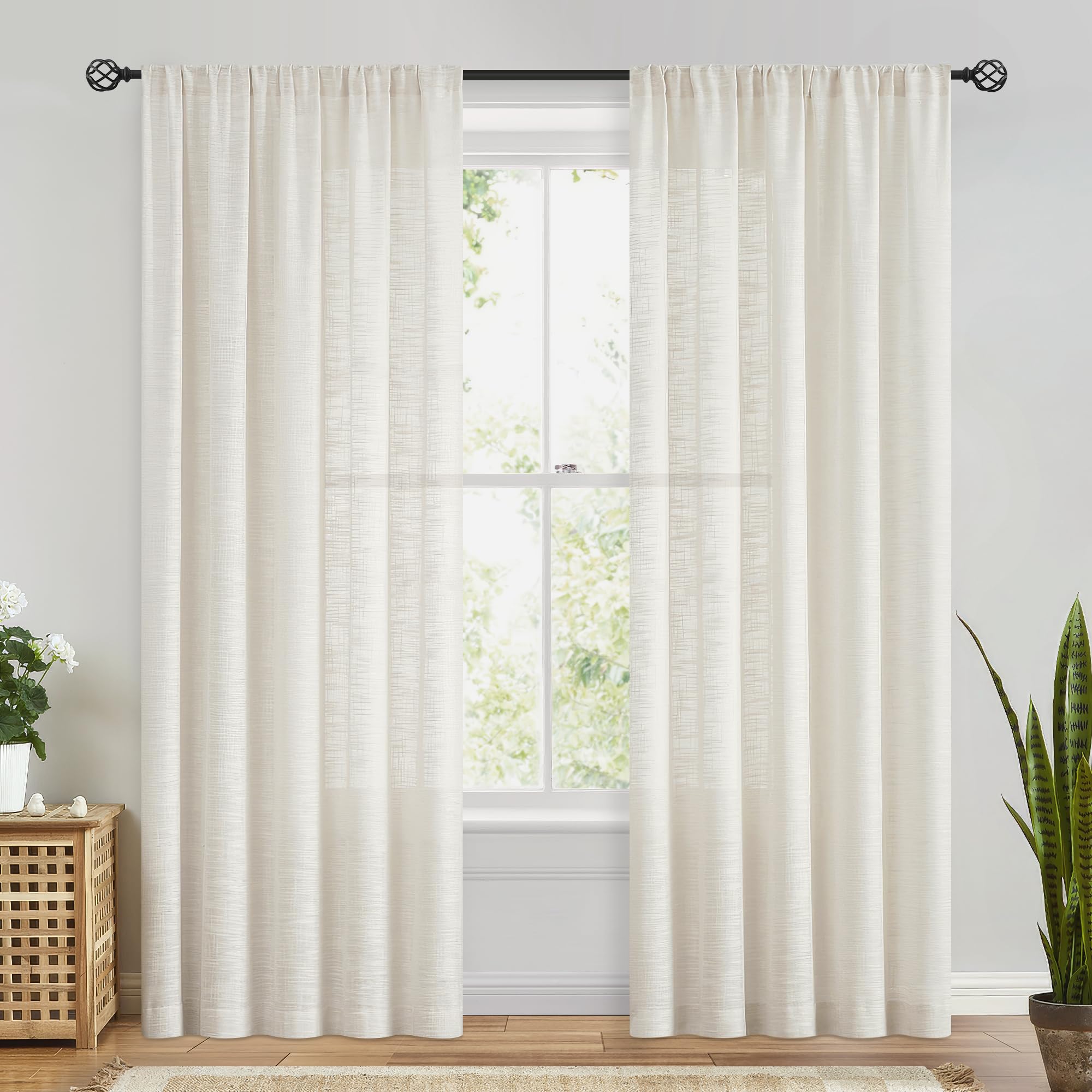 Fmfunctex Linen Semi Sheer Natural Curtains For Bedroom Living Room, Beige Curtain Panels 90 Inches Long Sheer Linen Textured Wi