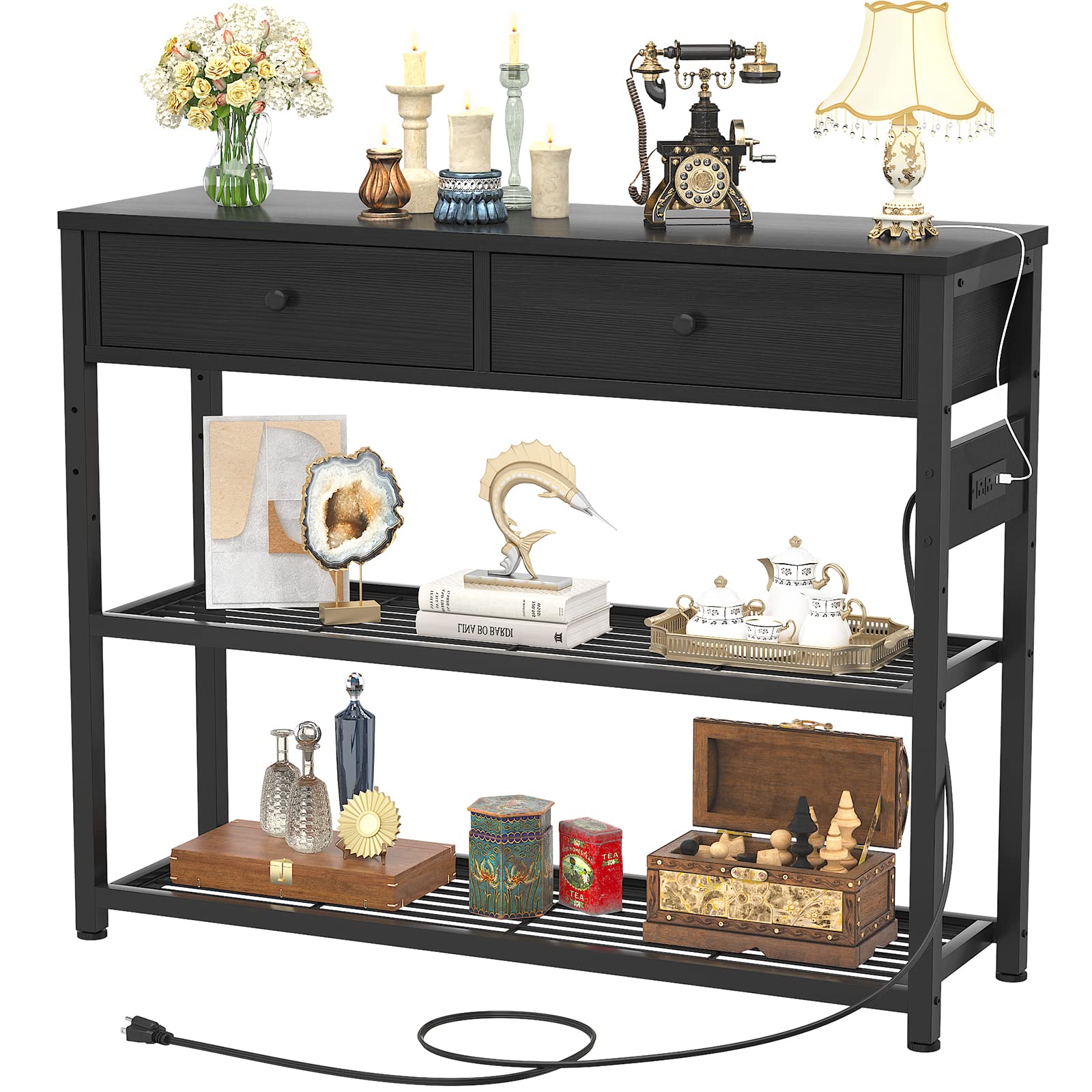 Ecoprsio Entryway Table with Outlets and USB Ports, Console Table with 2 Drawers, Small Sofa Table with Storage Shelves for Livi