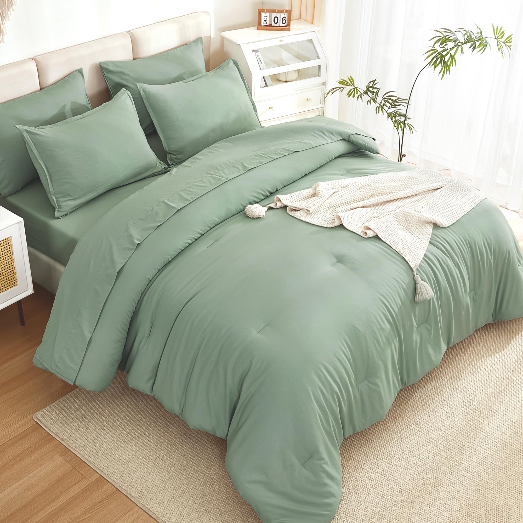 Litanika Comforter Queen Size Set Sage Green - 7 Pieces Bed In A Bag Queen Beddding Comforter Sets, Plain Lightweight Bed Set Wi