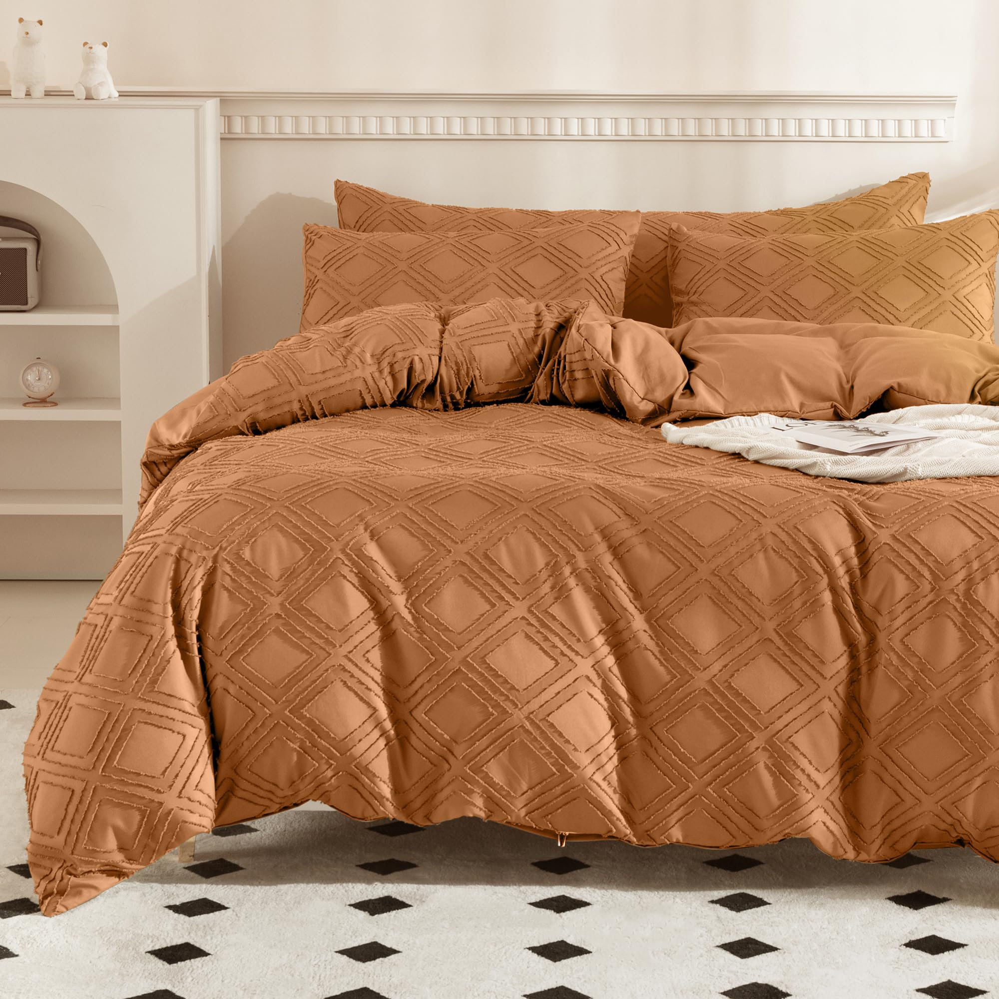 Jellymoni Rust Duvet Cover Full Size - 3 Pcs Microfiber Tufted Duvet Cover Set, Boho Textured Duvet Cover Jacquard Rhombus Geome