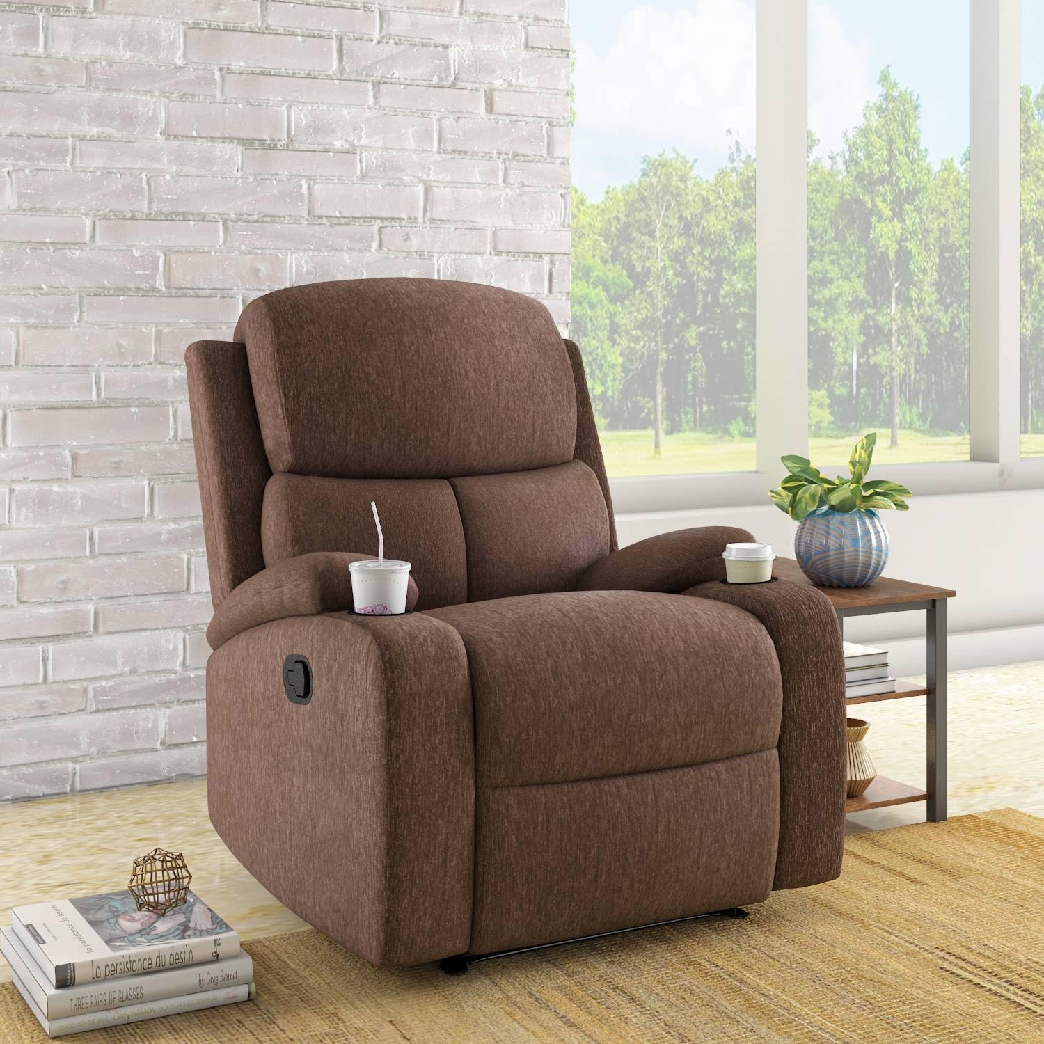 Nilkamal @Home Matt 1 Seater Fabric Manual Recliner With Cup Holder (Cocoa) | 1 Year Warranty | Self Assembly