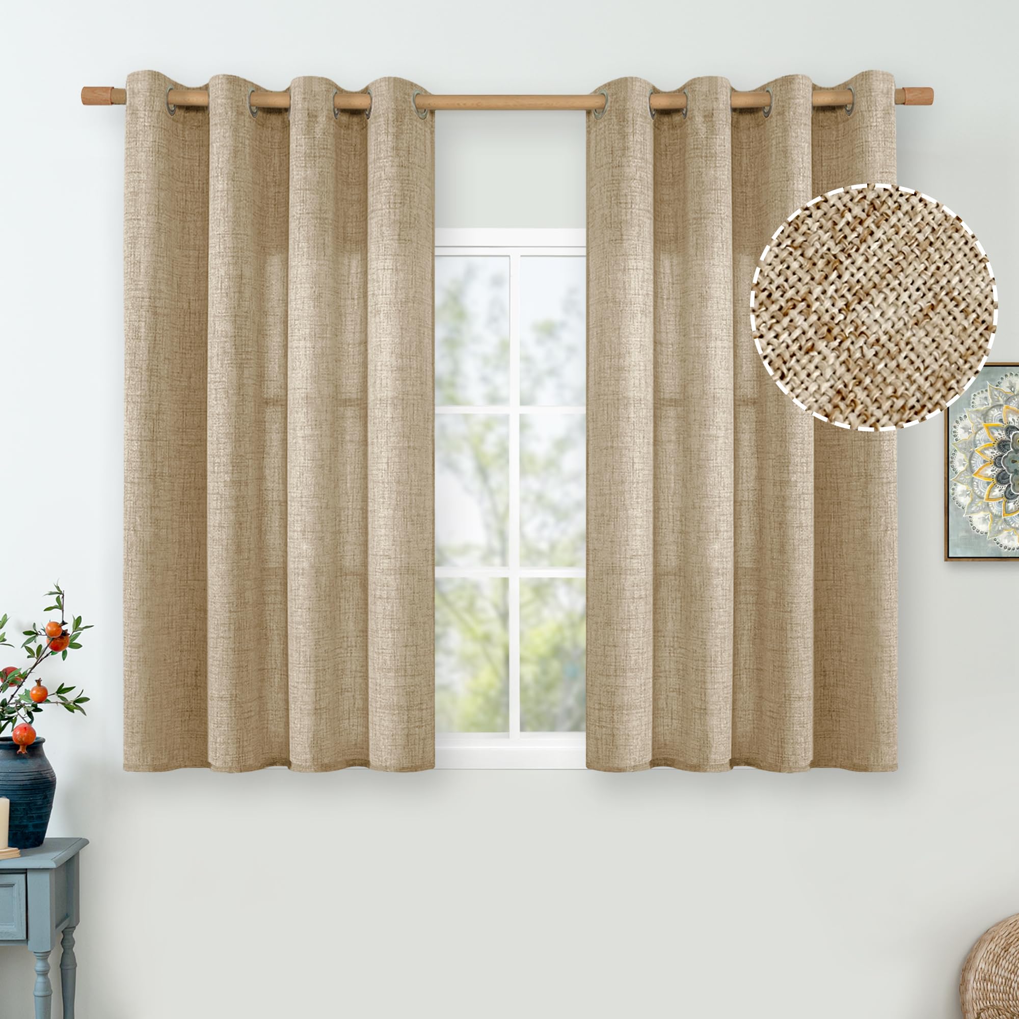 QUEMAS Short Linen Curtains 45 Inch Length for Bedroom Window Light Filtering, Thick Burlap Semi Sheer Non See Through Grommet L