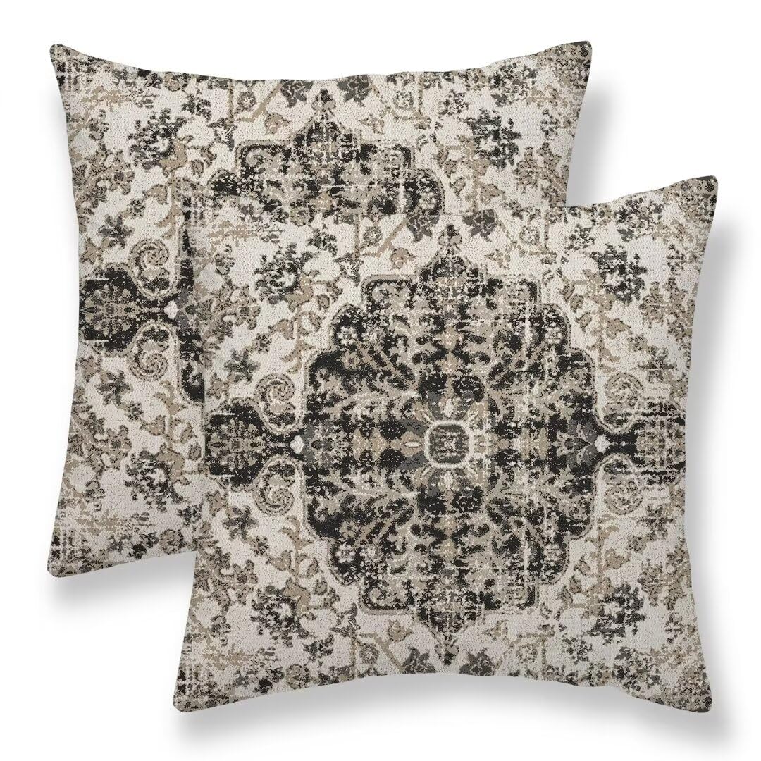 Sunshineyan Boho Throw Pillow Covers 22X22 Set Of 2, Black Brown Carpet Pattern Pillow Covers Ethnic Rustic Farmhouse Cushion Ca