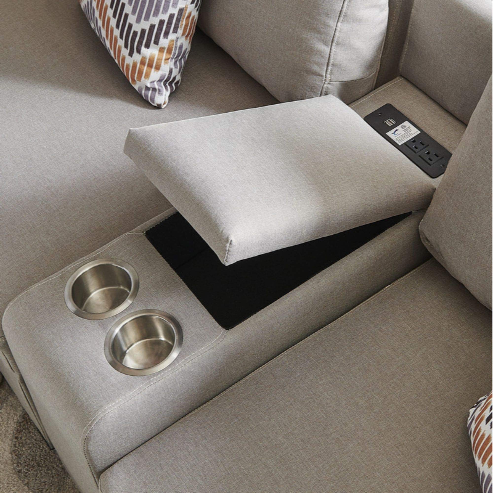 Lilola Home Amira Beige Fabric Reversible Modular Sectional Sofa with USB Console and Ottoman