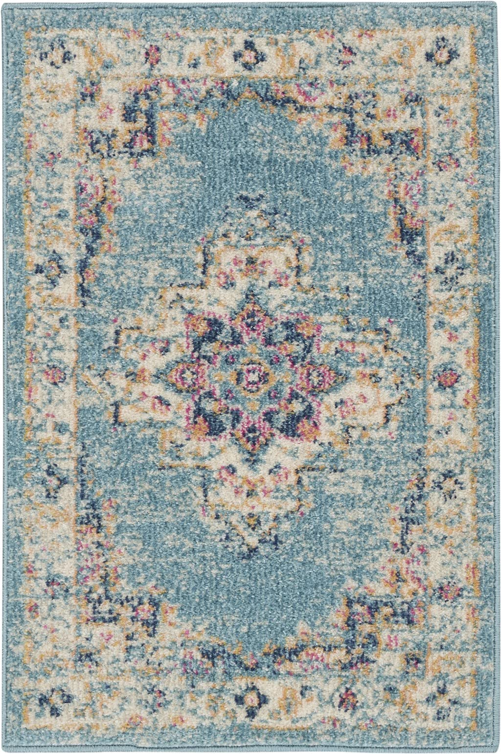 HomeRoots 100% Polypropylene 2’x3’ Light Blue Distressed Medallion Scatter Rug