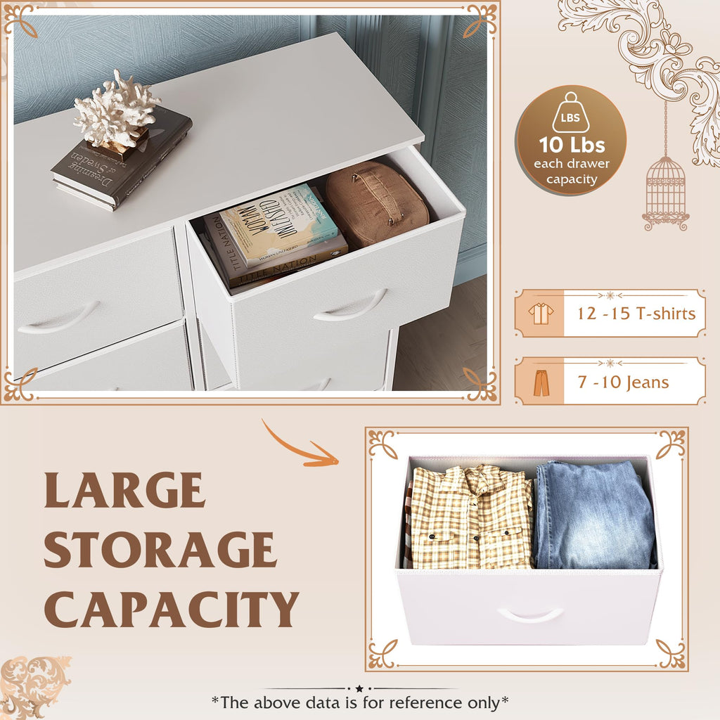 Wlive White Dresser For Bedroom, 6 Drawer Double Dresser, Fabric Storage Tower With Fabric Bins, Chest Of Drawers For Closet, Living Room, Hallway