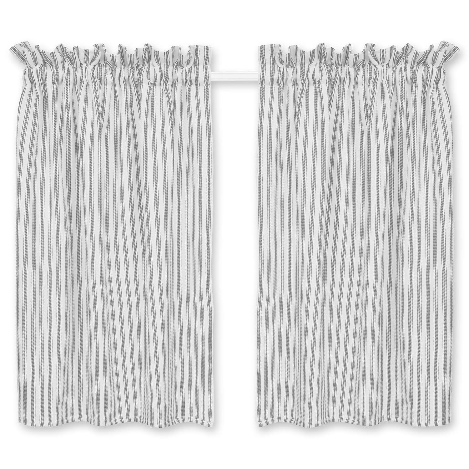 Cackleberry Home Alloy Gray and White Ticking Stripe Cafe Curtains Woven Cotton 28 Inches W x 30 Inches L, Set of 2